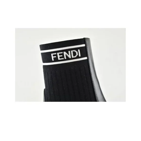 Fendi Rockoko Black Leather Boots Stretch FF Logo Sock Ankle Kitten Heel EU 40 - Picture 2 of 7